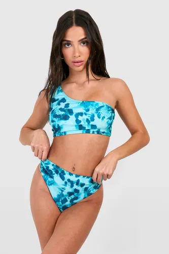 Womens Petite Abstract Animal One Shoulder Bikini Set - Blue - 6, Blue