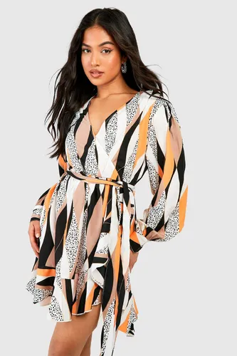 Womens Petite Abstract Print Ruffle Woven Wrap Dress - Orange - 10, Orange