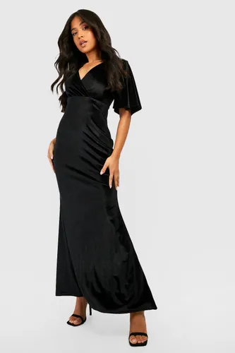 Womens Petite Angel Sleeve Velvet Maxi Dress - Black - 14, Black