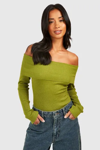 Womens Petite Bardot Rib Knit Bodysuit - Green - 14, Green