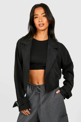 Womens Petite Belted Buckle Detail Crop Trench - Black - 14, Black