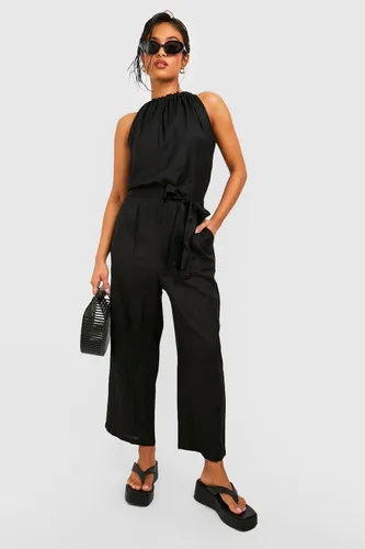 Womens Petite Belted Halter Linen Culotte Jumpsuit - Black - 16, Black