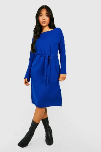 Womens Petite Belted Knitted Midi Dress - Blue - Xl, Blue