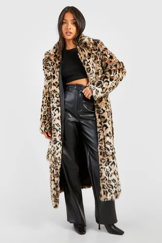 Womens Petite Belted Leopard Faux Fur Maxi Coat - Multi - 6, Multi