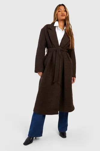Womens Petite Boucle Belted Wool Coat - Brown - 14, Brown