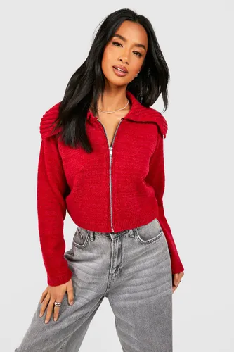 Womens Petite Boucle Zip Through Cropped Cardigan - Red - M, Red