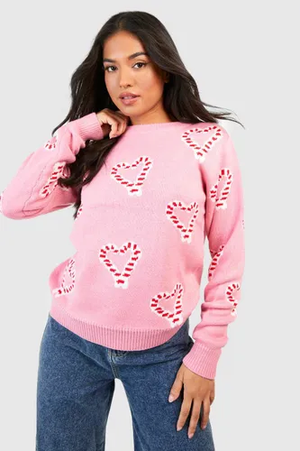 Womens Petite Candy Cane Christmas Jumper - Pink - 8, Pink