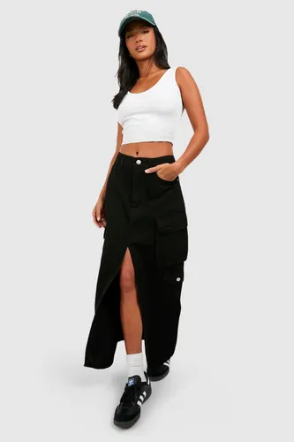 Womens Petite Cargo Denim Maxi Skirt - Black - 6, Black