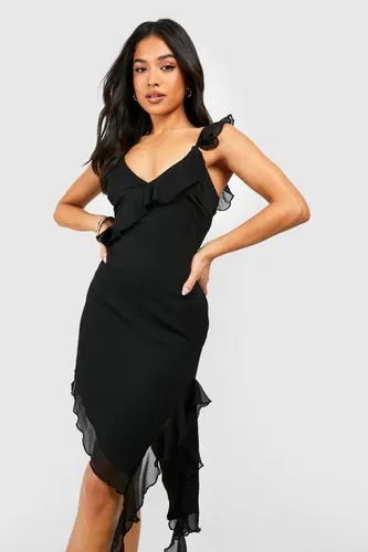 Womens Petite Chiffon Ruffle Asymmetric Ruffle Midi Dress - Black - 12, Black
