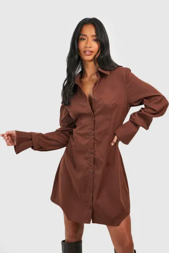 Womens Petite Cinched Waist Shirt Dress - Brown - 6, Brown