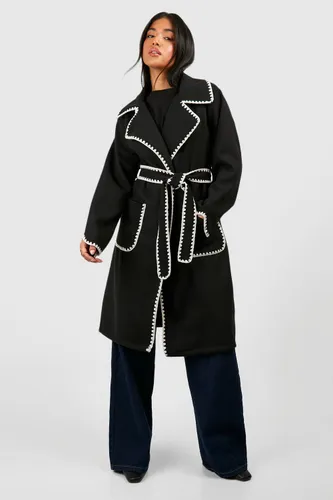 Womens Petite Contrast Stitch Belted Wool Look Coat - Black - 8, Black