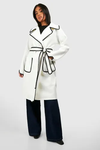 Womens Petite Contrast Stitch Belted Wool Look Coat - White - 8, White
