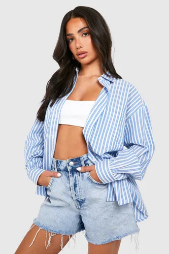 Womens Petite Cotton Oversized Striped Shirt - Blue - 6, Blue