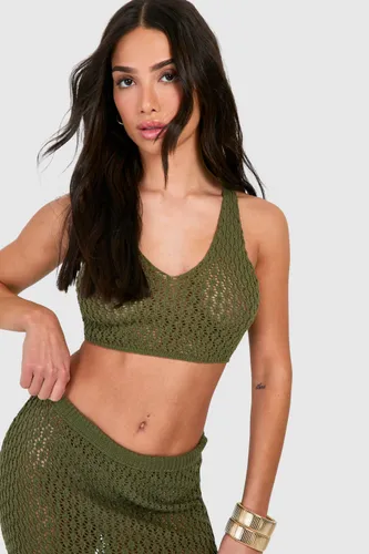 Womens Petite Crochet Crop Vest - Green - S, Green
