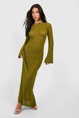 Womens Petite Crochet Flare Sleeve Scoop Back Knitted Dress - Green - 6, Green