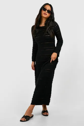 Womens Petite Crochet Flare Sleeve Tie Back Knitted Maxi Dress - Black - 8, Black