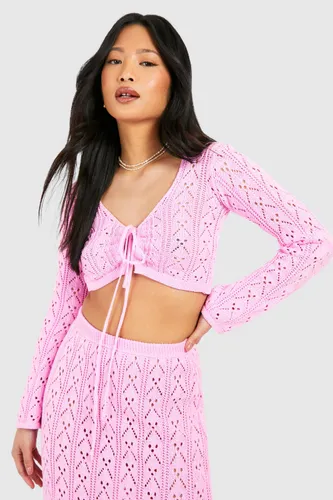Womens Petite Crochet Tie Front Cardigan - Pink - S, Pink
