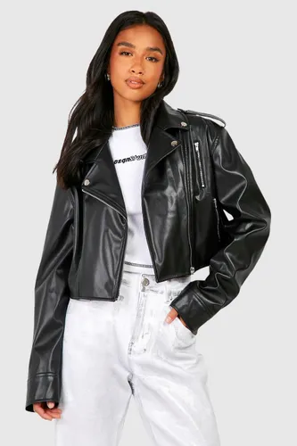 Womens Petite Crop Faux Leather Biker Jacket - Black - 14, Black