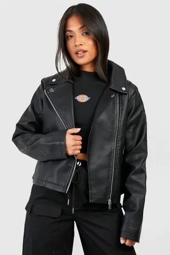 Womens Petite Faux Leather Biker Jacket - Black - 10, Black