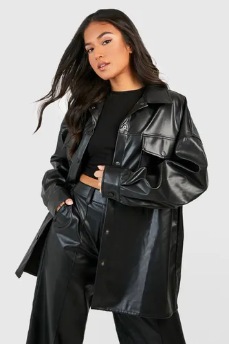 Womens Petite Faux Leather Oversized Shacket - Black - 6, Black