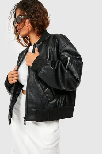 Womens Petite Faux Leather Pocket Detail Bomber Jacket - Black - 8, Black