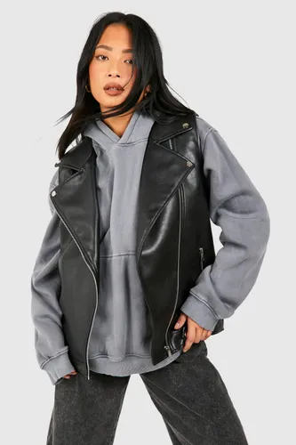 Womens Petite Faux Leather Sleeveless Biker Jacket - Black - 10, Black