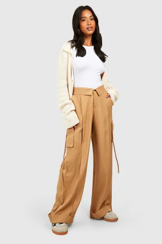 Womens Petite Folded Waistband Relaxed Fit Cargo Trousers - Beige - 8, Beige
