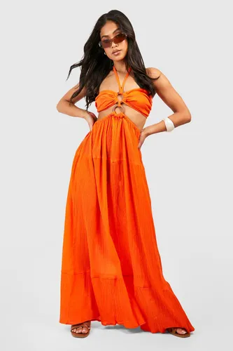 Womens Petite Halter Ring Detail Cheesecloth Beach Maxi Dress - Orange - 12, Orange