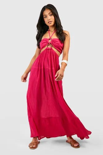 Womens Petite Halter Ring Detail Cheesecloth Beach Maxi Dress - Pink - 16, Pink