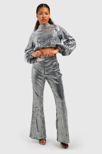 Womens Petite Heavy Sequin High Waist Flare Trouser - Grey - 6, Grey