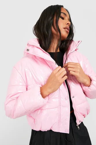Womens Petite Hooded Crop High Shine Coat - Pink - 6, Pink