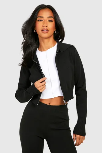 Womens Petite Hooded Cropped Zip Up Cardigan - Black - 10, Black