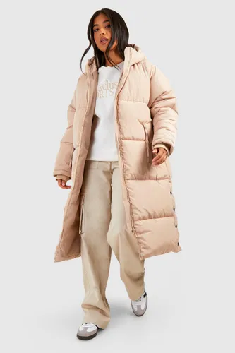 Womens Petite Hooded Longline Padded Puffer Jacket - Beige - 6, Beige