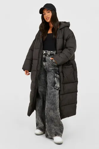 Womens Petite Hooded Longline Puffer Coat - Black - 14, Black
