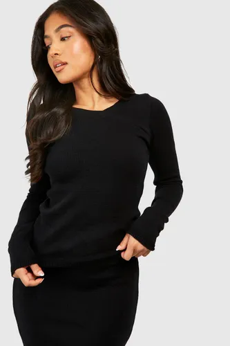 Womens Petite Knit Long Sleeve Seam Detail Top - Black - L, Black