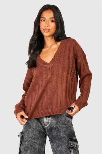 Womens Petite Knitted Boxy V Neck Rib Jumper - Brown - S, Brown