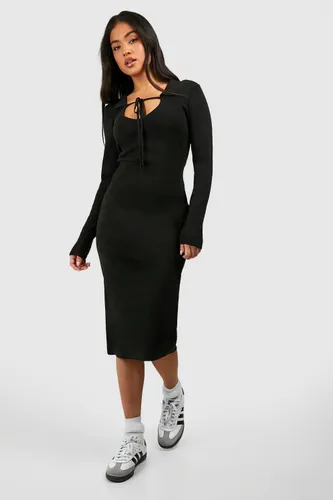 Womens Petite Knitted Collared Midi Dress - Black - 6, Black