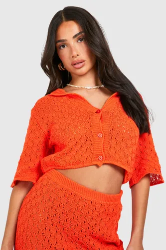 Womens Petite Knitted Pointelle Cropped Shirt - Orange - S, Orange