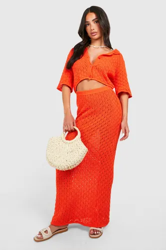 Womens Petite Knitted Pointelle Maxi Skirt - Orange - S, Orange