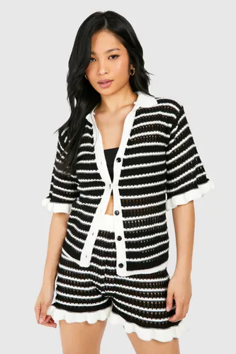 Womens Petite Knitted Stripe Ruffle Shirt - Black - S, Black