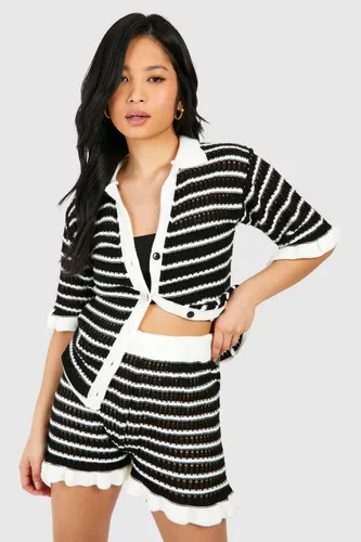 Womens Petite Knitted Stripe Ruffle Shorts - Black - S, Black