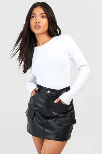 Womens Petite Leather Look Cargo Mini Skirt - Black - 6, Black