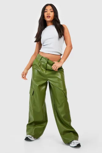 Womens Petite Leather Look High Waisted Cargo Trousers - Green - 6, Green