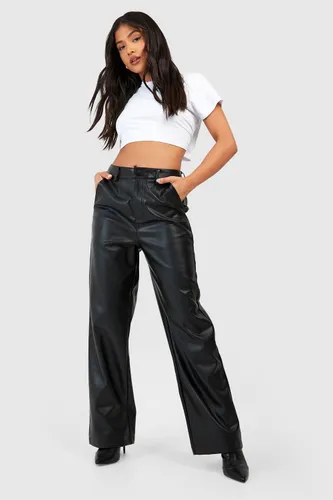 Womens Petite Leather Look Relaxed Fit Straight Leg Trousers - Black - 16, Black