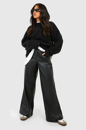 Womens Petite Leather Look Wide Fit Trousers - Black - 6, Black