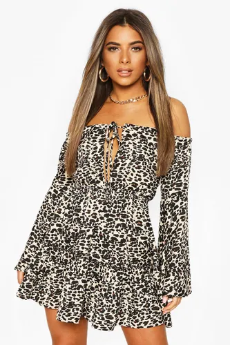 Womens Petite Leopard Print Off Shoulder Dress - Brown - 8, Brown