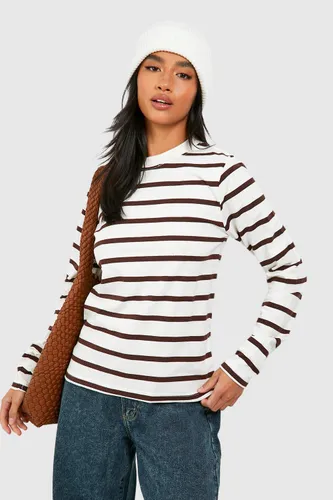 Womens Petite Long Sleeve Stripe T Shirt - Brown - 6, Brown