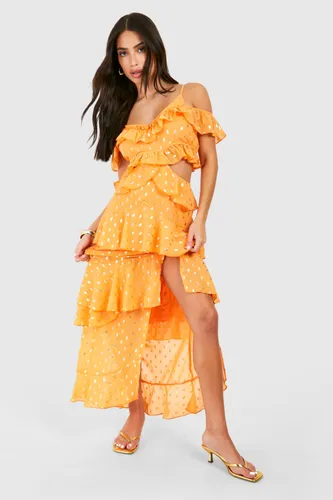 Womens Petite Metallic Dobby Ruffle Maxi Dress - Orange - 6, Orange