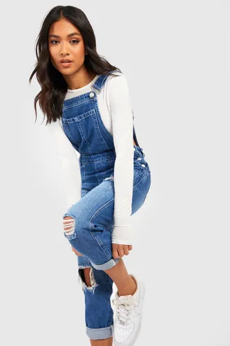 Womens Petite Mid Blue Distressed 3/4 Dungarees - 8, Blue