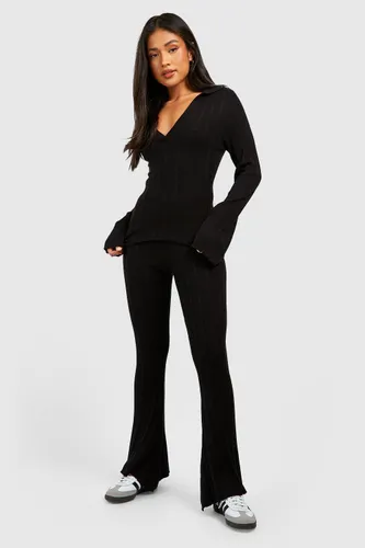 Womens Petite Mixed Rib Polo Collar Top And Flares Knitted Set - Black - 6, Black